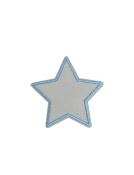 Sternformiger Aufnäher in silber mit blauer Umrandung. Glänzende Oberfläche.