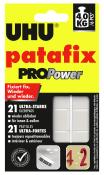 Gelbe Verpackung mit schwarzem und rotem Text. Produktname: UHU patafix PRO Power. Enthält 21 ultra-starke Klebepads. Wiederablösbar, für innen und außen geeignet.