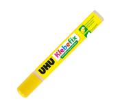 gelber Klebestift mit runder Kappe. Aufschrift 'UHU Klebefix'. Geeignet für Papier.