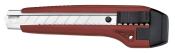 Roter Cuttermesser mit ausziehbarem Klingenmechanismus. Ergonomischer Griff und Sicherheitsmechanismus.