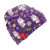 Lila Mütze mit Einhorn-Muster. Bunte Einhörner, Blumen und Diamanten. Weiches Material, elastisch.