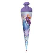 Schultüte mit Elsa und Anna aus Frozen. Lila Oberteil und bunte Unterseite.