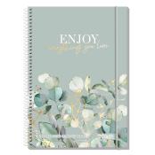 Kalender mit dem Titel 'ENJOY everything you love'. Design mit grünen Blättern und floralen Elementen.