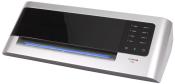 Ein silberner Laminator mit schwarzer Oberfläche. Es gibt mehrere Tasten zur Einstellung der Temperatur.