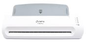 weißer Laminator mit grauem oberen Teil. Auf der Vorderseite sind fünf grüne LED-Anzeigen. Für verschiedene Folienstärken geeignet. Kalt- und Heißlaminierung möglich.