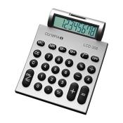 Silberner Taschenrechner mit LCD-Display. Tasten für Zahlen und grundlegende Funktionen.