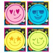 Vier bunte Haftnotizen in verschiedenen Farben. Oben links: rosa mit Herzaugen. Oben rechts: blau mit Sonnenbrille. Unten links: gelb mit Sternenaugen. Unten rechts: grün mit geschlossenen Augen.
