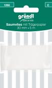 Weißes Saumvlies mit Trägerpapier. Breite 30 mm, Länge 5 m. Verpackung in grünem Design.
