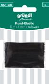 Schwarzes Rund-Elastikband, 5 Meter lang und 1 mm dick. Verpackt in einer transparenten Folie.