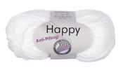 weiße Wolle, Marke 'Happy', Anti-Pilling, 100g, 250m, Pflegehinweise auf dem Etikett.
