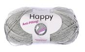 Grau meliertes Garn in einem Knäuel. Beschriftung: 'Happy', Anti-Pilling. 100 g, 250 m.