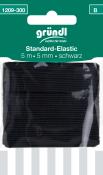 Schwarzes elastisches Band in einer Verpackung. Länge 5 Meter, Breite 5 mm.