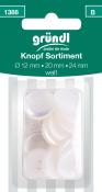 Packung mit weißen Knöpfen in verschiedenen Größen. Enthält Knöpfe mit Durchmessern von 12 mm, 20 mm und 24 mm.