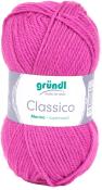 Rosa Wolle in einem runden Knäuel. Beschriftung mit 'gründl Classico Merino superwash'.