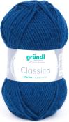 Dunkelblaues Garn in einem runden Knäuel. Beschriftung zeigt Merino und superwash an.