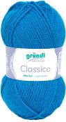 Blaues Garn in einem runden Knäuel. Beschriftung mit Marke und Materialangabe.