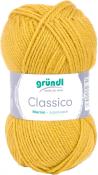 Gelbes Garn in einem runden Knäuel. Marke: gründl. Bezeichnung: Classico. Material: Merino, superwash.