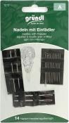 Packung mit 14 Nähnadeln. Enthält Nadeln mit Einfädler. Auf schwarzem Hintergrund. Verschiedene Größen.