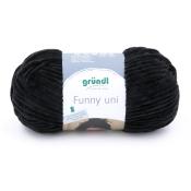 Schwarze Wolle in einem runden Knäuel. Verpackung mit dem Namen 'Funny uni' und Pflegehinweisen.