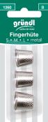 Drei metallene Fingerhüte in verschiedenen Größen (S, M, L). Verpackt in einer transparenten Blisterverpackung. Oberfläche mit rautenförmigem Muster.