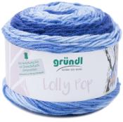 Garn in verschiedenen Blautönen. Verpackt als Knäuel mit der Aufschrift Lolly Pop.