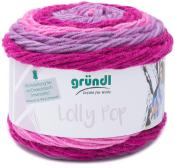Wollknäuel in verschiedenen Rosa- und Lilatönen. Marke: gründl. Aufkleber mit Anleitung für ein Dreieckstuch.