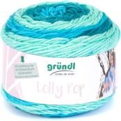Garnknäuel in verschiedenen Blau- und Türkistönen. Beschriftung mit dem Namen Lolly Pop und Anleitungen.