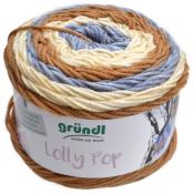Garnknäuel in verschiedenen Farben: Braun, Blau und Creme. Verpackt mit dem Namen 'Lolly Pop' von der Marke gründl.