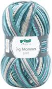 Garnknäuel in verschiedenen Blau- und Grüntönen mit Streifen. Verpackung mit dem Schriftzug 'Big Mamma print'.