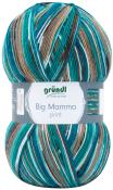 Garnknäuel in verschiedenen Farben, hauptsächlich Türkis, Braun und Weiß. Beschriftung zeigt den Namen 'Big Mamma print'.