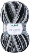 Garnknäuel in Schwarz, Grau und Weiß mit gestreiftem Muster. Beschriftung mit 'Big Mamma print' von gründl.