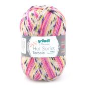 Bunte Wolle in verschiedenen Farben, hauptsächlich Rosa und Gelb. Geeignet für Socken, mit der Bezeichnung 'Hot Socks Torbole'.