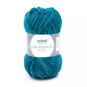 Garnknäuel in türkisblauer Farbe. Beschriftung mit 'Lisa Premium Jeans' von gründl.