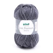 Garnknäuel in grauer Farbe. Label mit 'Lisa Premium Jeans' von gründl. Gewicht: 100 g. Struktur: weich und gleichmäßig.