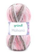 Wollknäuel in rosa, braun und weiß. Beschriftung mit grünem und grauem Schriftzug.