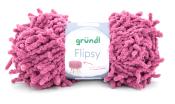 Rosa Wolle mit einer flauschigen Textur. Verpackung zeigt den Namen 'gründl Flipsy' und ein Beispielprojekt.