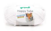 Weißes Garn in einem runden Knäuel. Auf dem Etikett steht 'Happy Tube' und zeigt eine graue Körbchen mit Buntstiften.