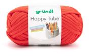 Oranges Garn in einem runden Knäuel. Auf dem Etikett steht 'Happy Tube' mit einer Abbildung eines Körbchens.