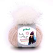 Garnknäuel von gründl, Polly Pompon. Beige mit flauschigem weißen Pompon. 100 g, 140 m. Geeignet für Mützen.