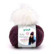 Wolle in dunkellila mit glitzernden Fäden. Oben ein großer, weißer Kunstfell-Pompom. Verpackung zeigt eine Frau mit Mütze.