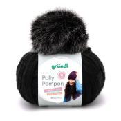 Schwarzes Wollknäuel mit grauem Kunstfell-Pompom. 100 g, 140 m. Geeignet für Mützen.