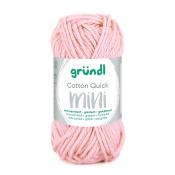 Rosa Baumwollgarn in einem runden Knäuel. Etikett mit der Aufschrift 'gründl Cotton Quick mini'.