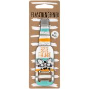 Flaschenöffner in Form einer Flasche. Auf dem Design steht 'Beste Freunde' und es gibt zwei niedliche Figuren.