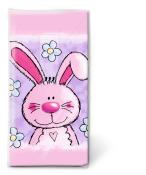 Verpackung mit einem pinken Hasen und blauen Blumen. Der Hase hat große Ohren und ein Herz auf der Brust.