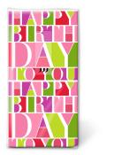 Geschenkpapier mit buntem Design. Aufdruck 'Happy Birthday to You' in verschiedenen Farben.