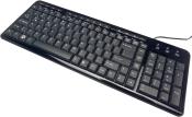 schwarze Computer-Tastatur mit flachen Tasten. Kabelgebunden, schlichtes Design.