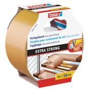 Klebeband in einer runden Verpackung. Beschriftung mit 'extra stark klebend' und Abmessungen 5m x 50mm.