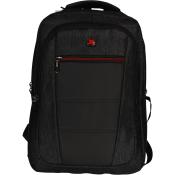 schwarzer Rucksack mit grauem Stoff. Vorderseite hat eine kleine rote Reißverschlusstasche. Zwei gepolsterte Träger und ein Griff oben.