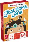 Spielverpackung für Stadt, Name, Land. Bunte Illustrationen und Hinweise auf Spieleranzahl und Alter.