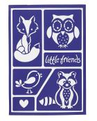Dunkelblaue Karte mit weißen Tiermotiven. Enthält einen Fuchs, eine Eule, einen Vogel und einen Waschbären. Text 'little friends' in der Mitte.